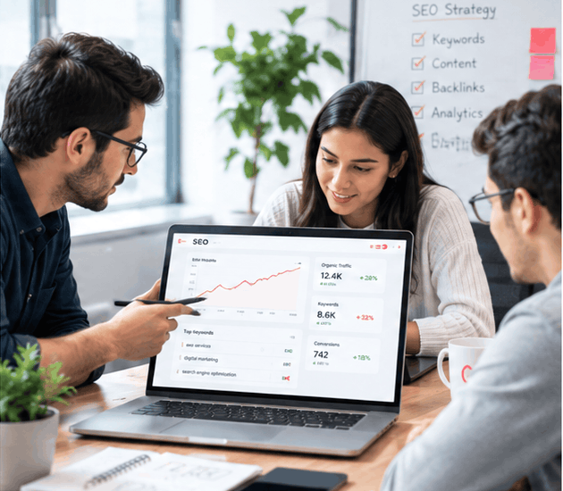 SEO team reviewing search performance analytics and website growth data